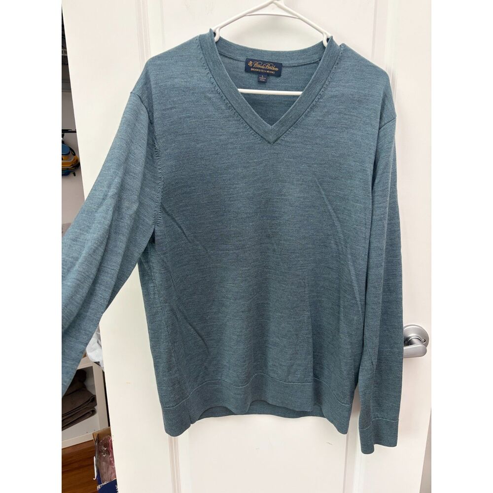 Brooks Brothers Brookstech Merino Wool V-Neck Mens Sweater Large Slate Blue